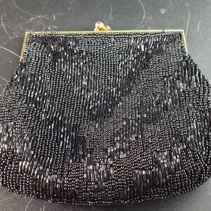 Carla Marchi Black Beaded Evening Handbag Clutch Bag Purse With Chain -Chevron